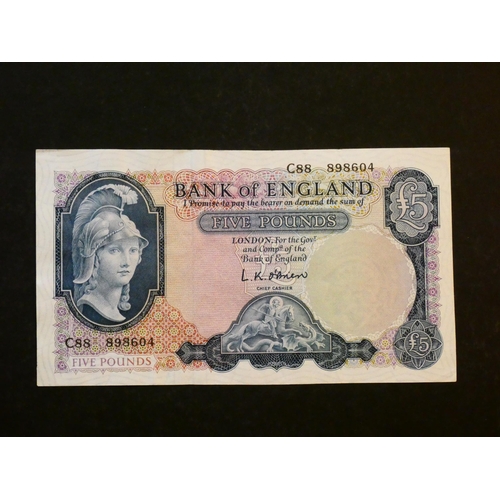 10 - GREAT BRITAIN.  Bank of England, 5 Pounds, ND(1957-1961), sign. L.K. O'Brien, £5 shaded symbols on b... 