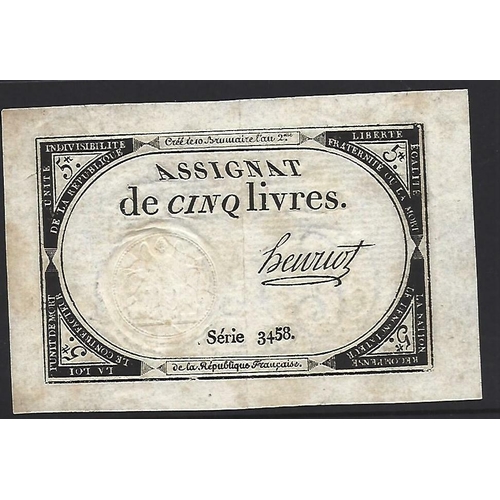 34 - FRANCE.  Assignat of 5 Livres, 10 Brumaire, L'An 2 ( = 31.10.1793), sign. Henriot, P-A76, VF, vertic... 