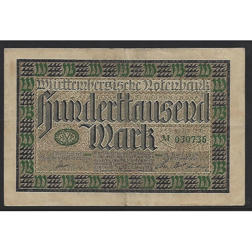 37 - GERMAN STATES.  Württemberg, inflationary period, 100 000 Mark, 15th June 1923, P-S985, NVF, centre ... 