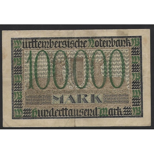 37 - GERMAN STATES.  Württemberg, inflationary period, 100 000 Mark, 15th June 1923, P-S985, NVF, centre ... 