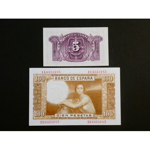 84 - SPAIN.  BANCO DE ESPAÑA, 5 Pesetas, 1935 (1936), P-85a, UNC, together with EL BANCO DE ESPAÑA, 100 P... 