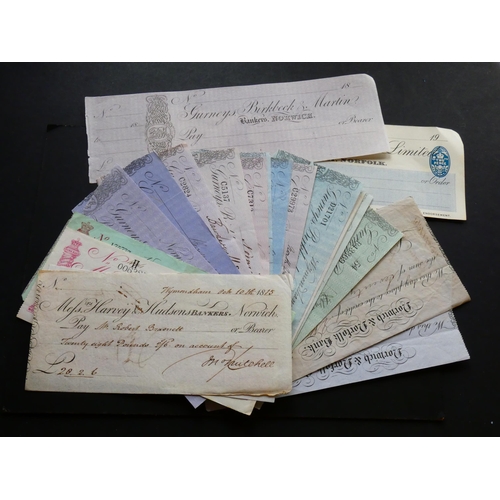 108 - CHEQUES.  Collection Norfolk interest, including HARVEY & HUDSON, Norwich (10.10.1815, 06.08.1845, 3... 