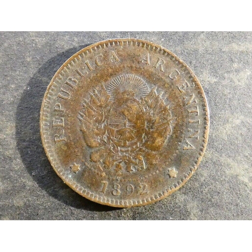 165 - ARGENTINA.  Bronze 1 Centavo, 1892, KM32, key date, NF/F, small eks.