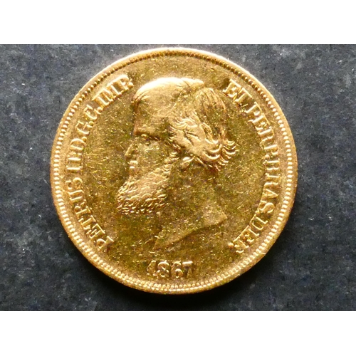 187 - BRAZIL.  Gold 10 000 Reis, 1867, KM467, F/GF