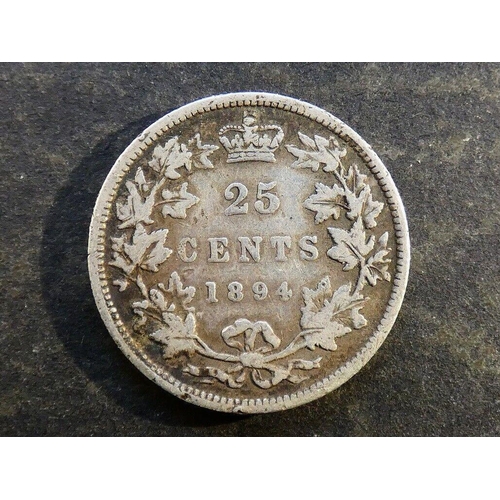 192 - CANADA.  Victoria (1837-1901), silver 25 Cents, 1894, KM5, VG, eks, slightly bent.