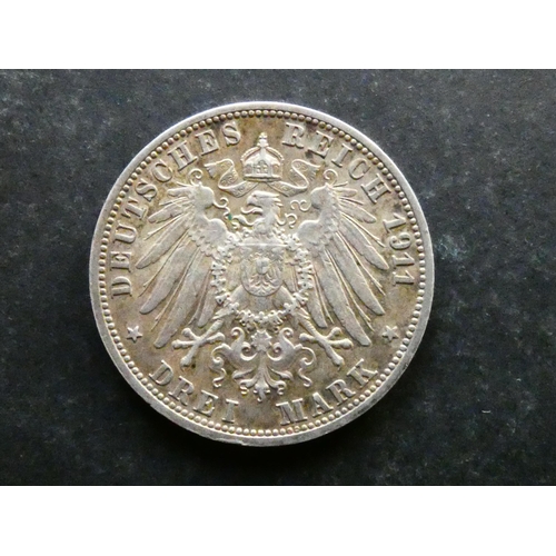 220 - GERMAN STATES.  Württemberg, 3 Mark, 1911 F, Freudenstadt mint, Silver Wedding anniversary of Wilhel... 