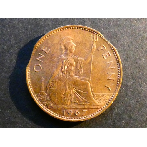 241 - UNITED KINGDOM.  Penny.  1967, S-4157, minting error; 2 small flan clips, EF, trace lustre.