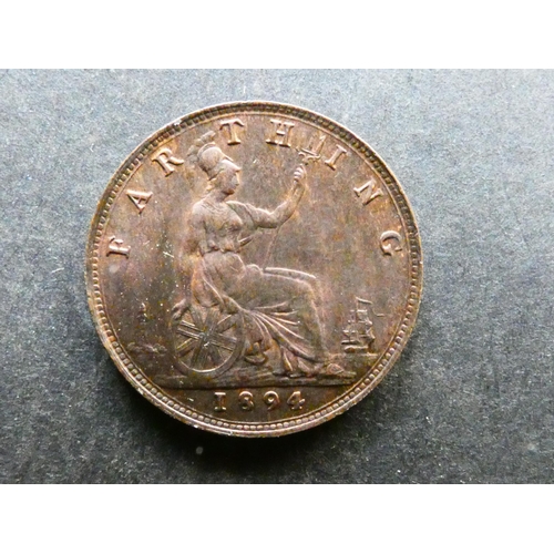 246 - UNITED KINGDOM.  Farthing.  1894, S-3958, EF, trace lustre, small bruise on neck.