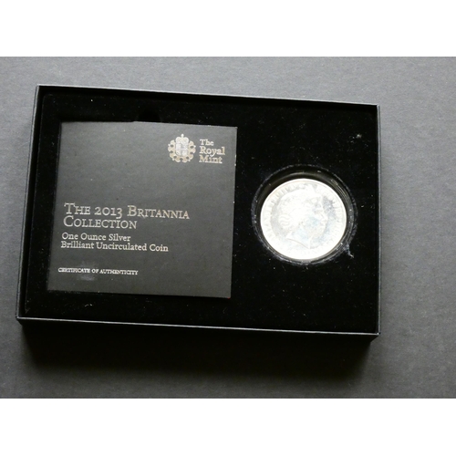 254 - UNITED KINGDOM.  2 Pounds.  2013, silver “Britannia”, 1oz bullion coin, seated Britannia type, in bo... 