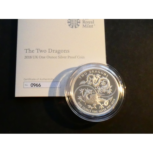 255 - UNITED KINGDOM.  2 Pounds.  2018, “Two Dragons”, 1oz silver Proof, S-QB1, with COA, but lacking case... 