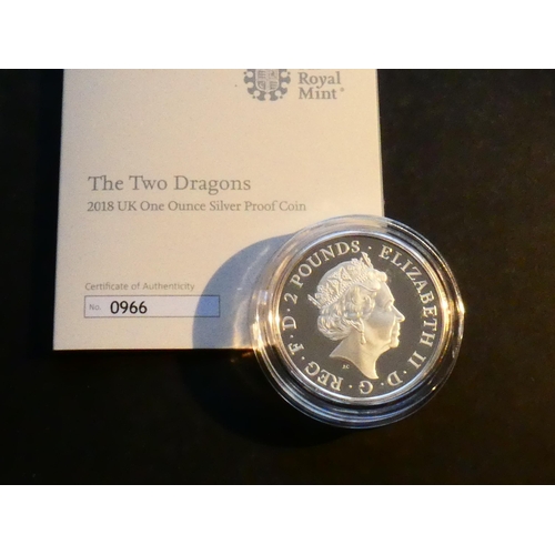 255 - UNITED KINGDOM.  2 Pounds.  2018, “Two Dragons”, 1oz silver Proof, S-QB1, with COA, but lacking case... 