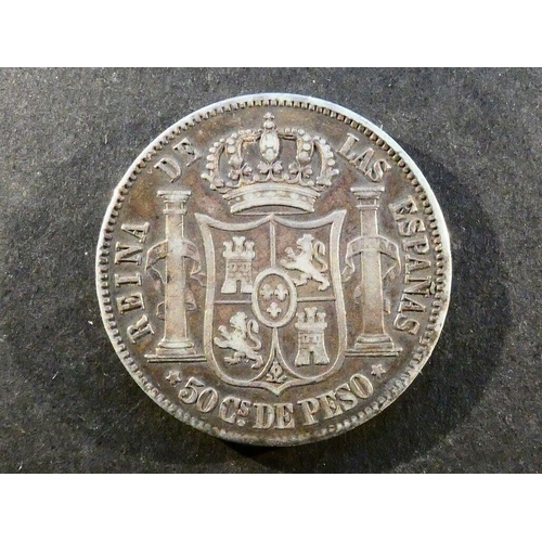 333 - PHILIPPINES.  Isabella II of Spain (1833-1868), silver 50 Centimos de Peso, 1865, KM147, F.