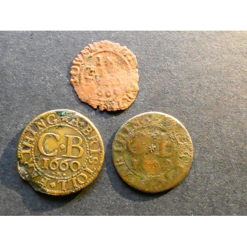 386 - TRADESMEN’S TOKENS, 17TH CENTURY.  Gloucestershire, Farthing x3; Bristol, 1660R, obverse; ship & cas... 