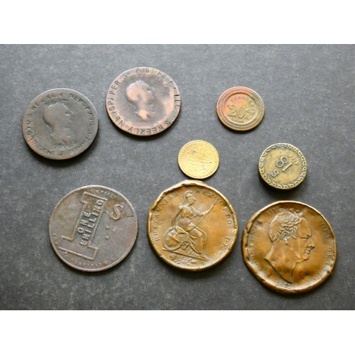 502 - TOKENS & MEDALLIONS, VARIOUS.  Small collection, including two countermarked Halfpennies; LLOYD’S WE... 