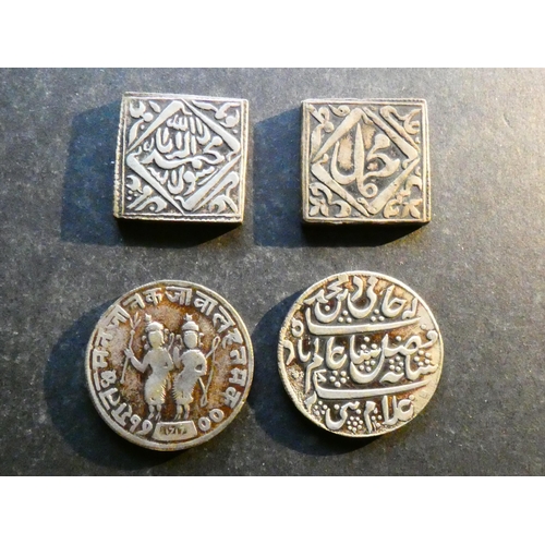 506 - INDIA.  Temple tokens x4, including Hindu Ramatanka, together with two Islamic-style copies of Akbar... 