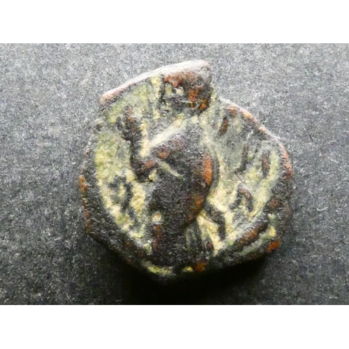 173 - NABATEA.  AE15 of Aretas IV & Shaqilath (9BCE-40CE), obverse; king standing left, holding spear(?), ... 