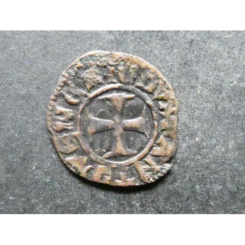 180 - ITALY.  Venice, Doge Antonio Venier (1328-1400), copper Tornesello 16mm, 0.57g, obverse; large cross... 