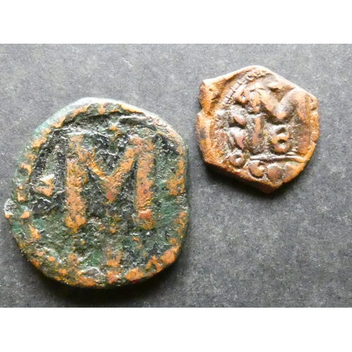 183 - BYZANTINE.  Large copper Follis, 14.59g, of Justin I (518-527), obverse; laureate bust right, revers... 