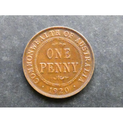 208 - AUSTRALIA.  Penny, 1920, Melbourne mint, dot above top scroll and below bottom scroll, KM23, GF