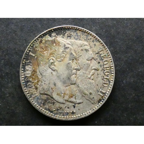 220 - BELGIUM.  Silver 2 Francs, 1880, 50th anniversary, KM39, NVF, toned.