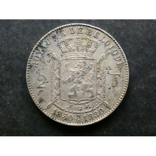 220 - BELGIUM.  Silver 2 Francs, 1880, 50th anniversary, KM39, NVF, toned.