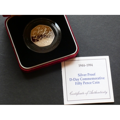 271 - UNITED KINGDOM.  50 Pence.  1994, 50th anniversary of D-Day, silver Proof, cased, FDC