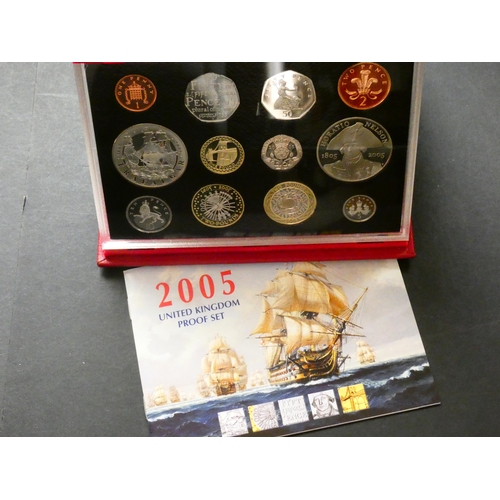 287 - UNITED KINGDOM.  Proof Set.  2005, 1p to 2x £5, Nelson and Battle of Trafalgar, in deluxe issue red ... 