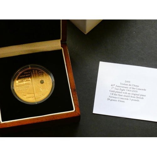 402 - TRISTAN DA CUNHA.  5 Pounds, 2009, 40th anniversary of first test flight of Concorde, silver-gilt Pr... 