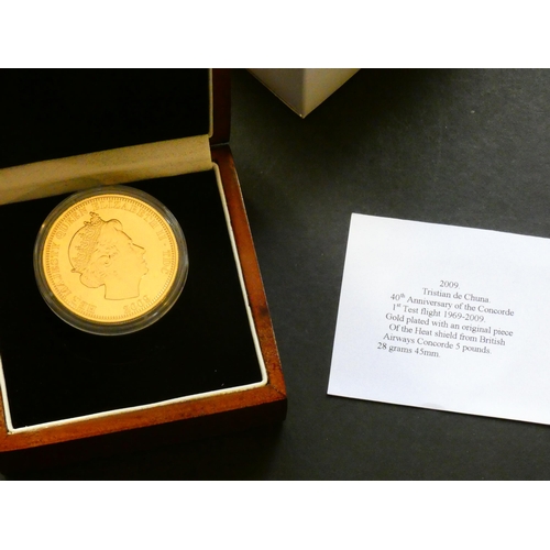 402 - TRISTAN DA CUNHA.  5 Pounds, 2009, 40th anniversary of first test flight of Concorde, silver-gilt Pr... 