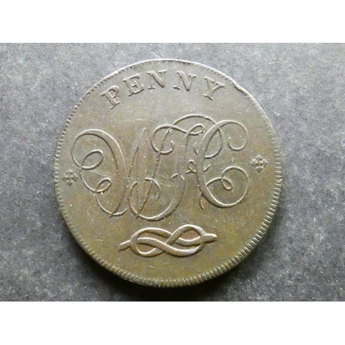 428 - TRADESMEN'S TOKENS, 18TH CENTURY.  Staffordshire, Penny, Stafford, 1803, obverse; arms of the boroug... 