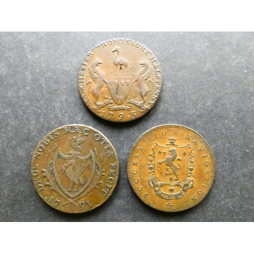 438 - TRADESMEN'S TOKENS, 18TH CENTURY.  Lancashire, Halfpennies x3, including Liverpool, 1791, D&H-68, to... 