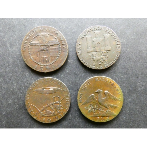 452 - TRADESMEN'S TOKENS, 18TH CENTURY.  Norfolk, 4x Halfpennies, Norwich, including MAY NORWICH FLOURISH,... 