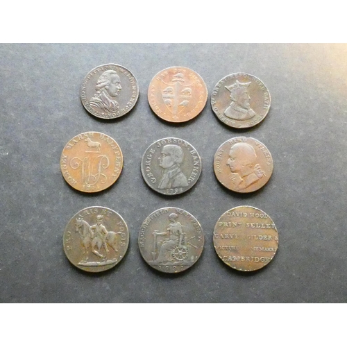 461 - TRADESMEN'S TOKENS, 18TH CENTURY.  England, 9x Halfpennies, various, including Cambridgeshire (Cambr... 