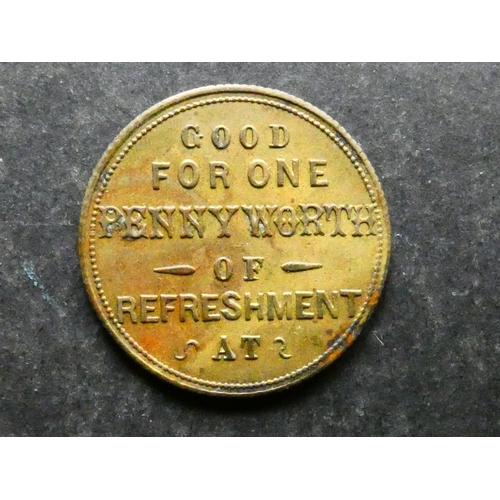 480 - INN & REFRESHMENT TOKEN.  Devon, Exeter, obverse; GOOD FOR ONE PENNYWORTH OF REFRESHMENT AT, reverse... 