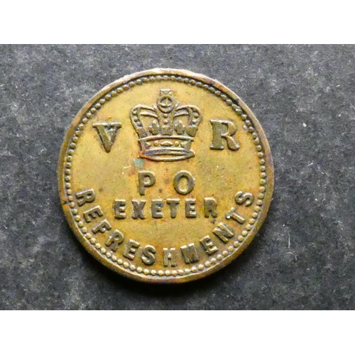 481 - INN & REFRESHMENT TOKEN.  Devon, Exeter, obverse; P. O. EXETER REFRESHMENTS, crown divides V R, reve... 