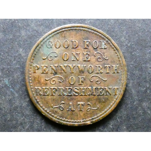 483 - INN & REFRESHMENT TOKEN.  Devon, Plymouth, obverse; GOOD FOR ONE PENNYWORTH OF REFRESHMENT AT, rever... 