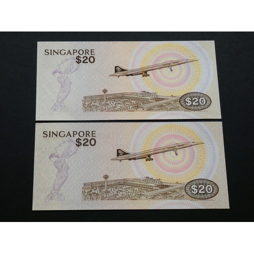 58 - SINGAPORE.  2x 20 Dollars, ND(1979), Concorde on back, P-12, UNC  (2)