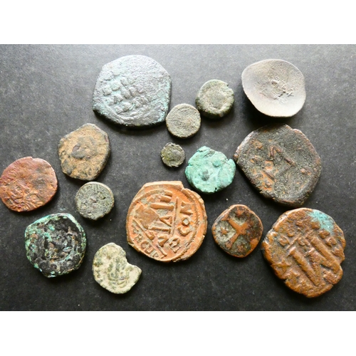 43 - BYZANTINE.  Small collection bronze Folles, etc., together with a scyphate billon Trachy, mixed grad... 