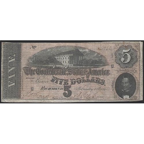 10 - CONFEDERATE STATES OF AMERICA. 5 Dollars, February 17th 1864, (seventh issue), P-67, NF.