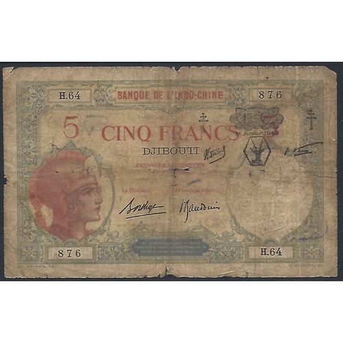 11 - FRENCH SOMALILAND (Djibouti). 5 Francs, BANQUE DE L'INDO-CHINE, ND, 1943 provisional issue, overprin... 