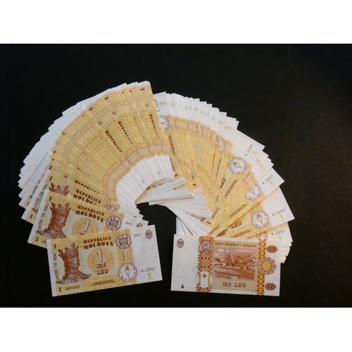 17 - MOLDOVA. 1 Leu, 2015, P-21, UNC, loose bundle of 100 notes.