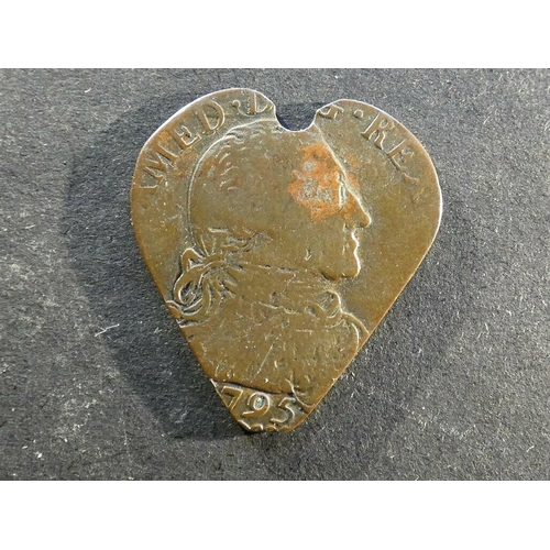 83 - MEMBER'S PASS(?).  Billon 20 Soldi, 1795, of Sardinia (KM94) cut into a heart shape, reverse smoothe... 