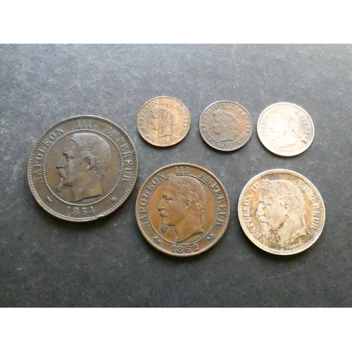 51 - FRANCE.  1 Centime (1875A, 1877A), 5 Centimes (1862K), 10 Centimes (1854BB), 20 Centimes (1867A) and... 