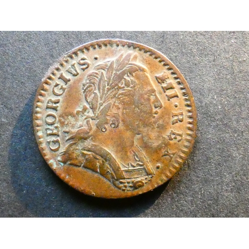 80 - COUNTERMARKED. Large R S, incuse, on reverse of George III copper Farthing, 1774, S-3775, NVF to VF.