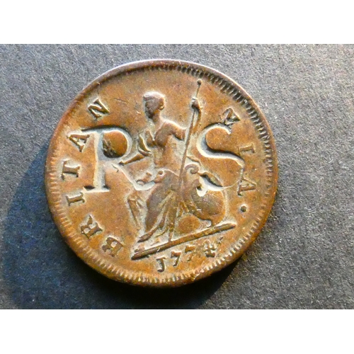 80 - COUNTERMARKED. Large R S, incuse, on reverse of George III copper Farthing, 1774, S-3775, NVF to VF.