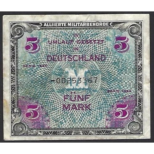 9 - GERMANY.  Allied military currency, WWII, 5 Mark, 1944, issue for Russian zone, 8 digit serial numbe... 