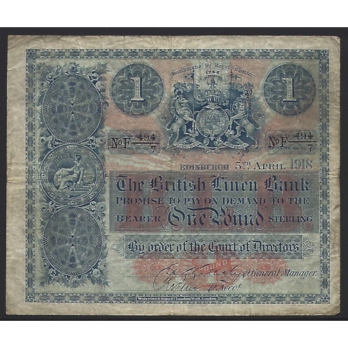 35 - SCOTLAND. The British Linen Bank. 1 Pound, 5th April 1918, sign. Edwin G. Galletly, hand-signed P. A... 