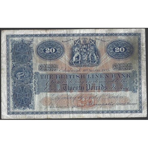 37 - SCOTLAND. British Linen Bank. 20 Pounds, 6th August 1935, signs. I. Sinclair and A. Dempster, BL68a ... 