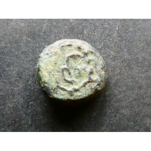 93 - GREEK. Italy, Lucania, AE Sextans, 10mm, 2.09g, of Paestum, circa 1st Century BCE, obverse; aryballo... 