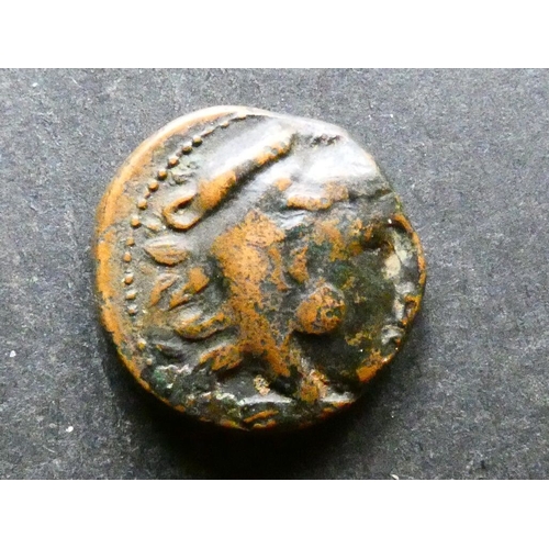 97 - GREEK.  Macedon, AE Tetrachalkon, 15mm, 4.00g, of Amyntas III, 389-383 and 381-369 BCE, obverse; hea... 